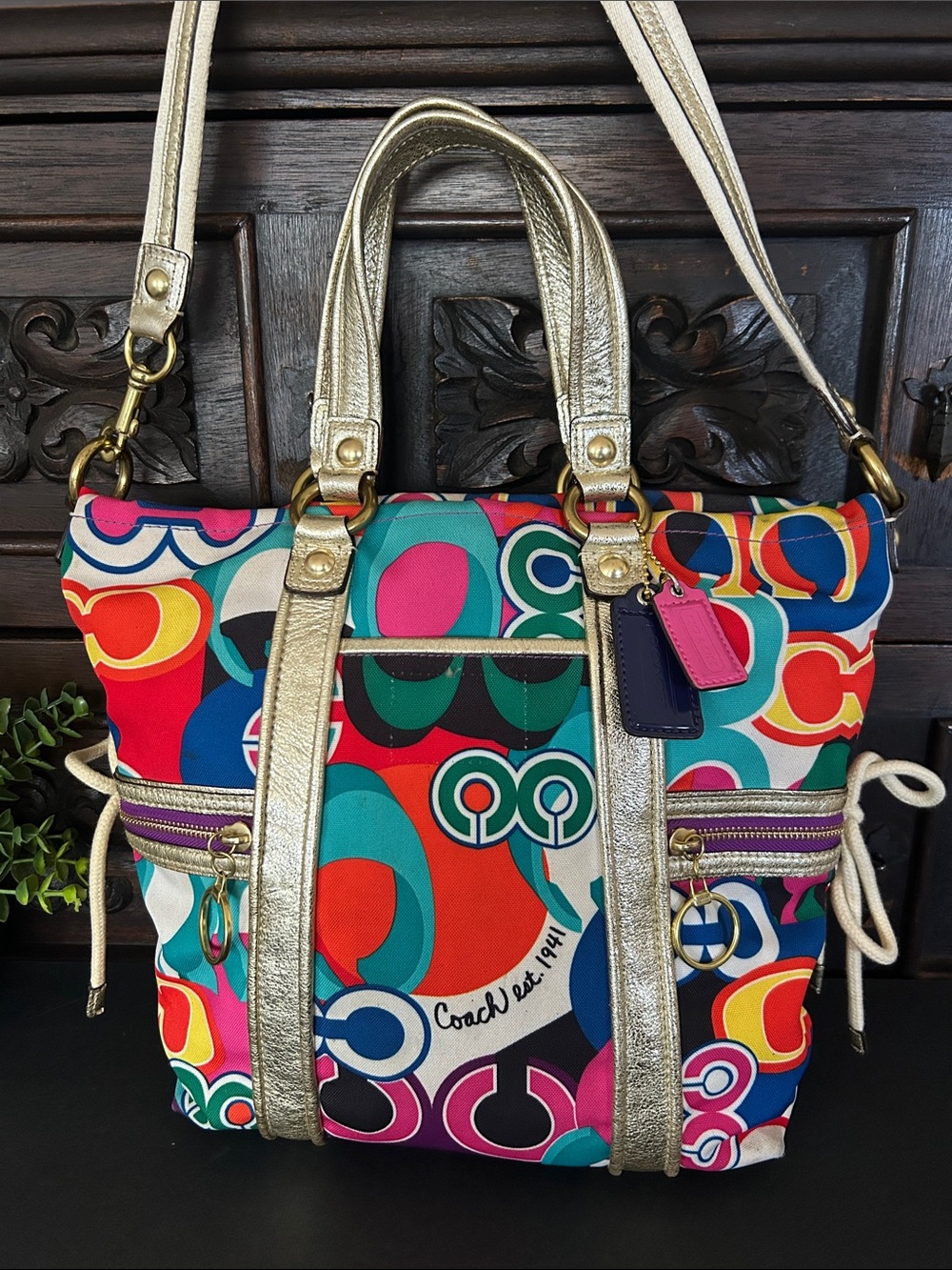Coach Multicolor Signature Circle Tote with Gold Trim